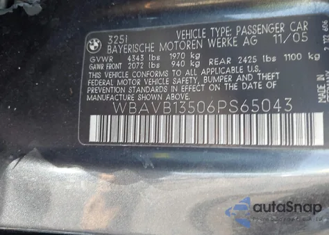 2006 BMW 325I z USA, uszkodzony, nr VIN WBAVB13506PS65043